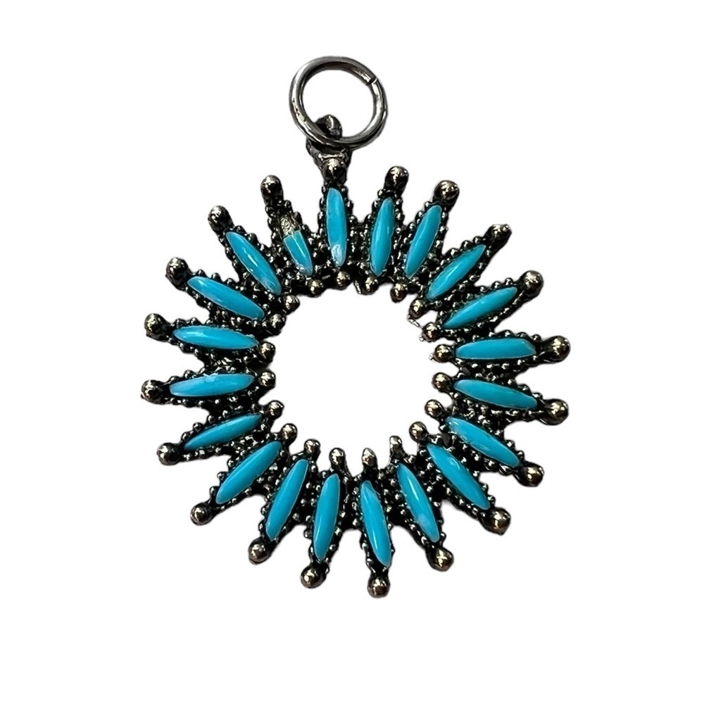Silvertone Faux Turquoise Sunburst Western Boho Pendant Damaged
